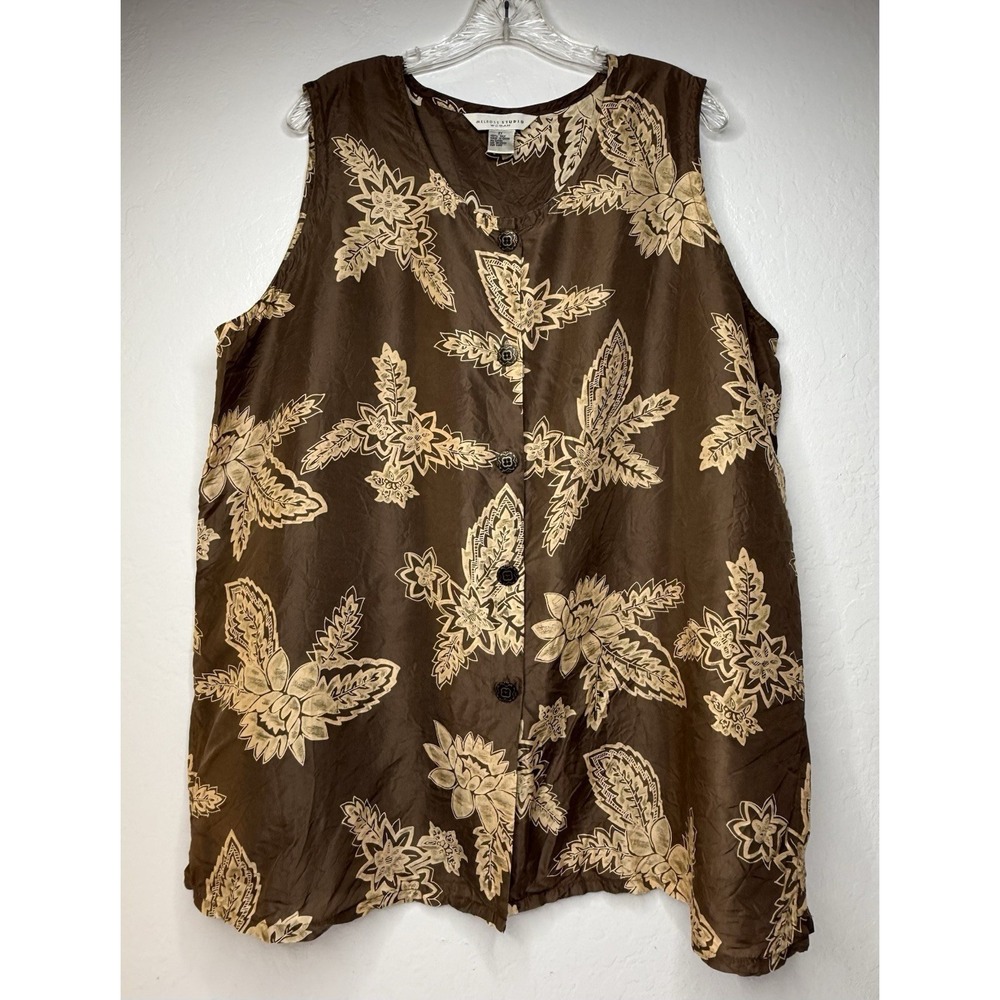 Vintage Melrose Studio Woman Tank Top Floral 100% Silk Plus Size 2X Brown Tan
